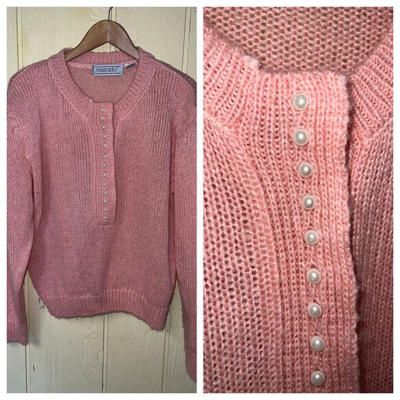 Vintage Y2K Sweater Womens X-Large Henley Pearl Fifties Chic Pretty in Pink XL - Picture 1 of 9